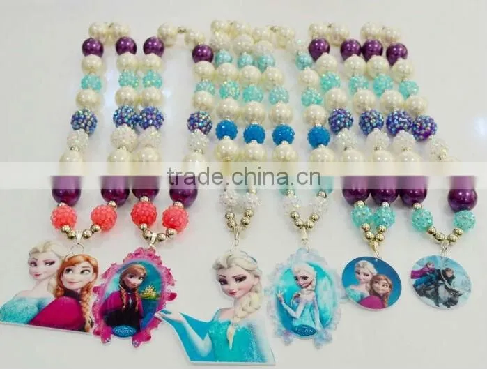 clay doll charm frozen necklace,blue elsa chunky necklace