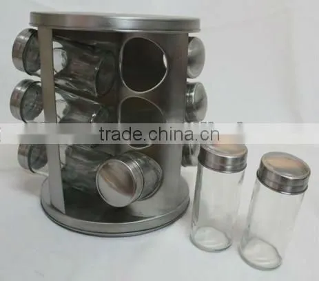 12 in 1 Revolving glass jar spice rack set,spinning spice jar rack