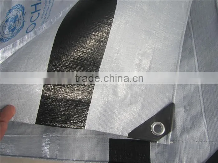 covering refugee tarpaulin, high tensile relif tent tarpaulin, black stripe reinforced tarpaulin