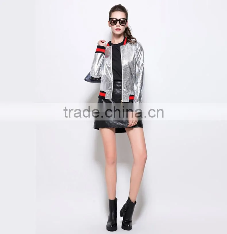 Outerwear Top Autumn High Quality Runway Coats Fashion Stand High Collar Baseball Uniform Silver PU Bomber Jacket Coat