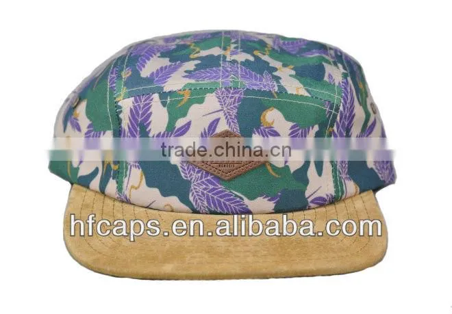 2013 spring fashion blank floral suede bill 5 panel custom camp cap and hat