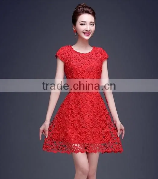 newest red lace plain young girl short sleeve casual dress