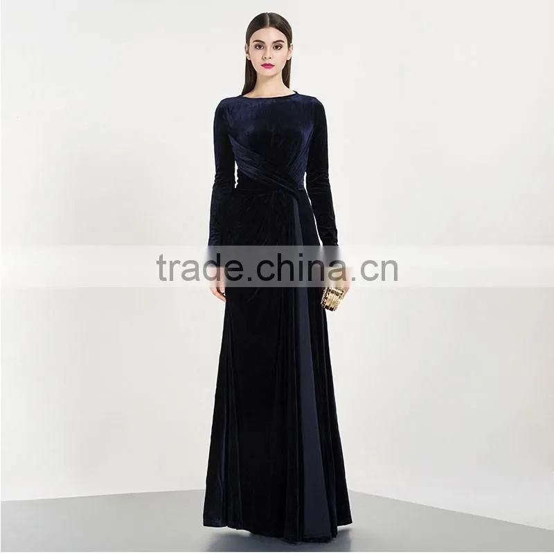Evening Dresses Pretty Blue Long Sleeve Women Long Formal Party New Arrival Velvet Evening Dresses