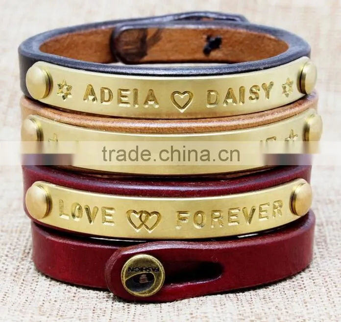 metal logo tag leather bracelet bangle custom letter stamped charm leather bangle bracelet promotion leather bracelet
