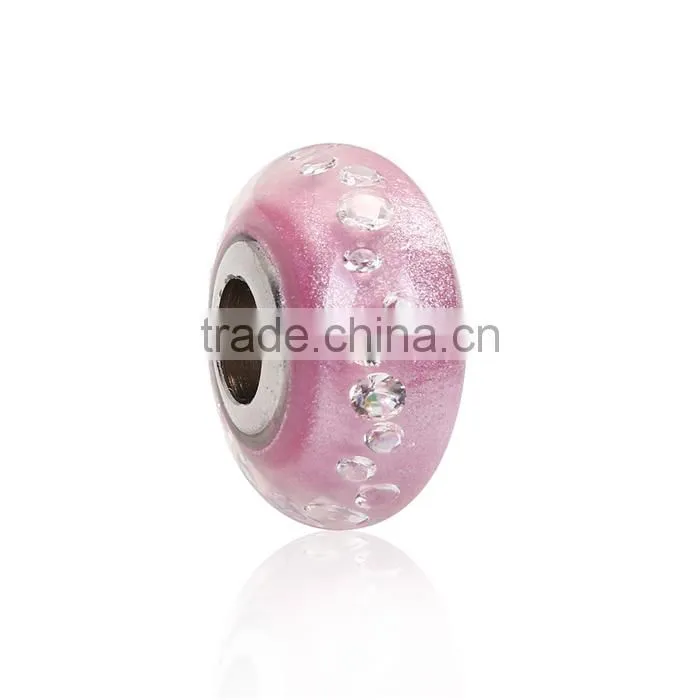 Lampwork Glass & Cubic Zirconia European Style Large Hole Charm Beads Round Light Pink Clear W/ Stainless Steel Core