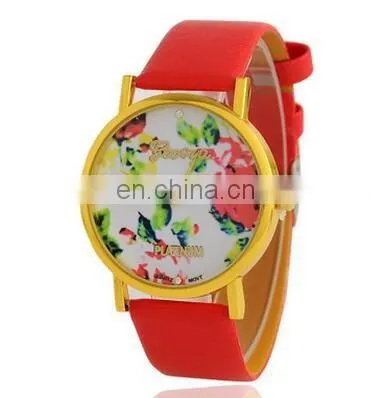 Women Quartz Watch Top Fashion Flower Female Clock Newly Design Simple Lady Dress PU Leather watch