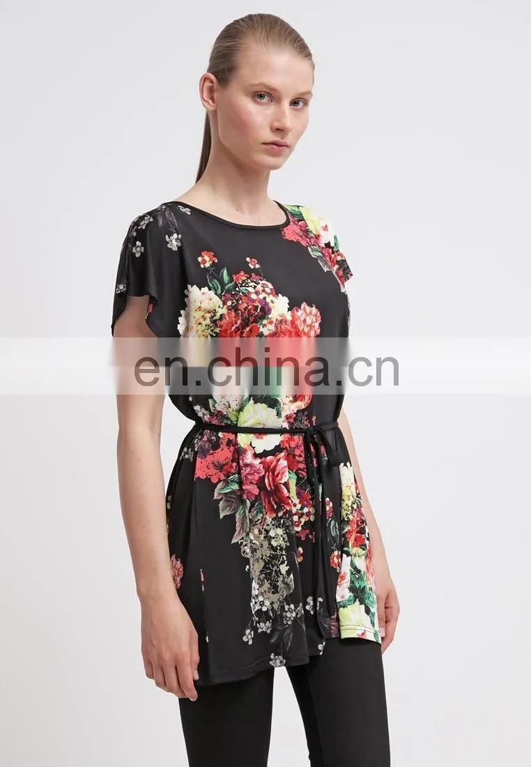 Fashion 2017 Trend Ladies Ice Silk Batwing Sleeve Floral Printed Tunic Top