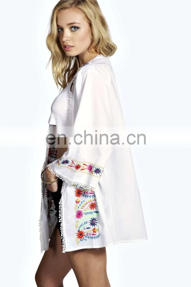 BRIGHT EMBROIDERED KIMONO Latest beach kimono soft cotton fabric embroidered kimono with fringed hem