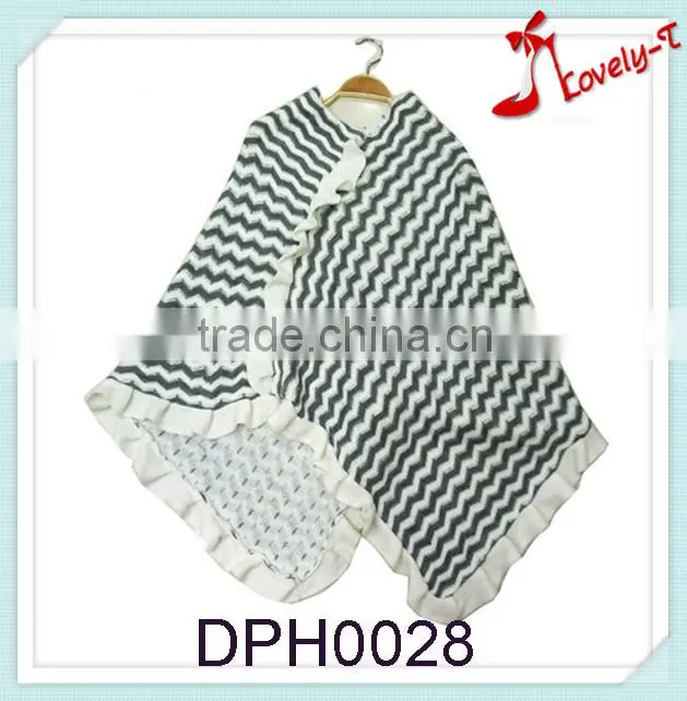 Hot sale stylish knit girls stripe pullover poncho sweater with falbala on fringe