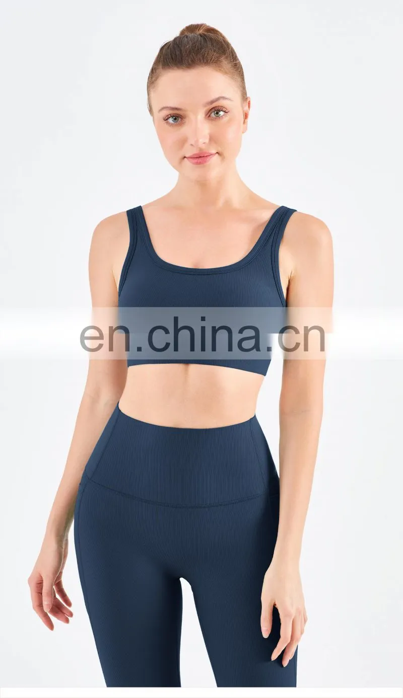 Wholesale Ribbed Covered Sports Bra High Impact Women Fitness Yoga Bra Side Gather