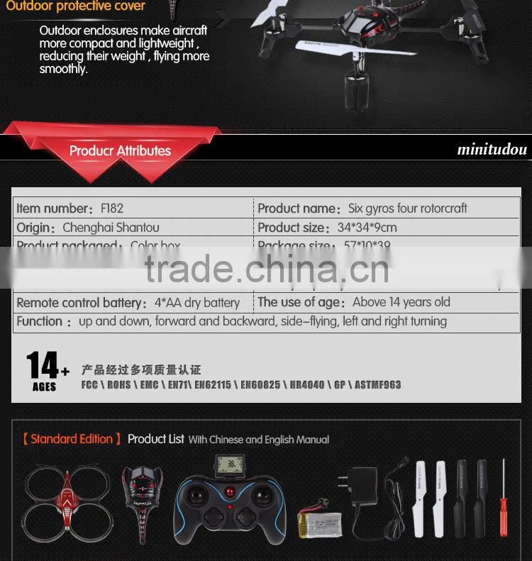 2014 Hot Item 42CM F182 2.4GHZ 6-Axis Hand Throwing Rc Quadcopter With Lights