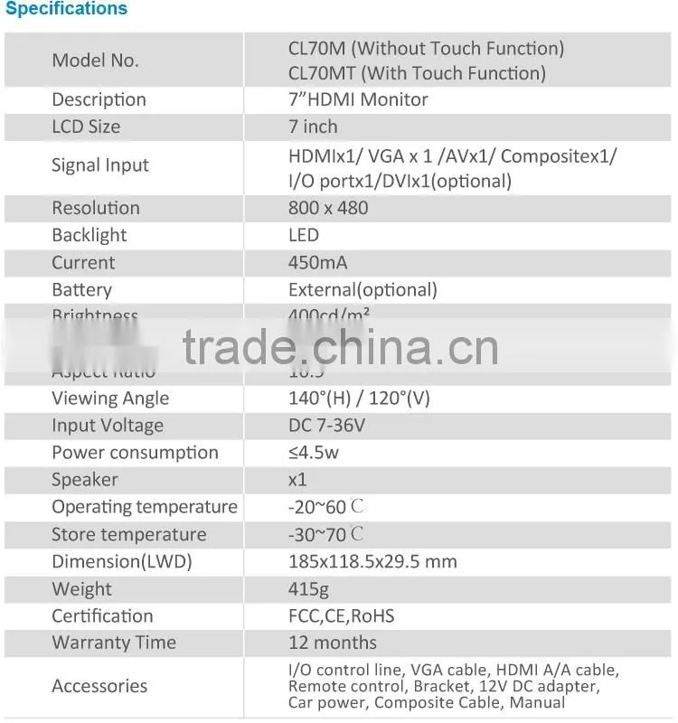 7 inch 450ma current AV input Industry Capacitive touch screen with Lux auto brightness Optional