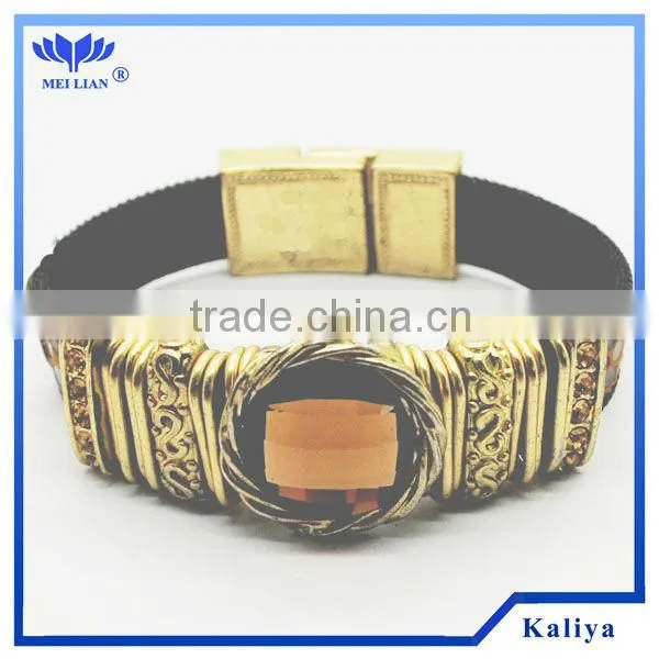 2014Skinny Brown Leather Gold-Tone and Rhinestone Triple Wrap Bracelet