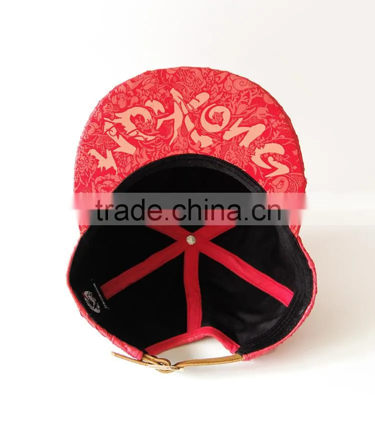 6 panel red color with good fishskin leather flat brim snapback caps