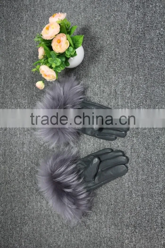 100% Genuine Fur Leather Gloves / Ladies Leather Gloves/Real fox fur leather gloves