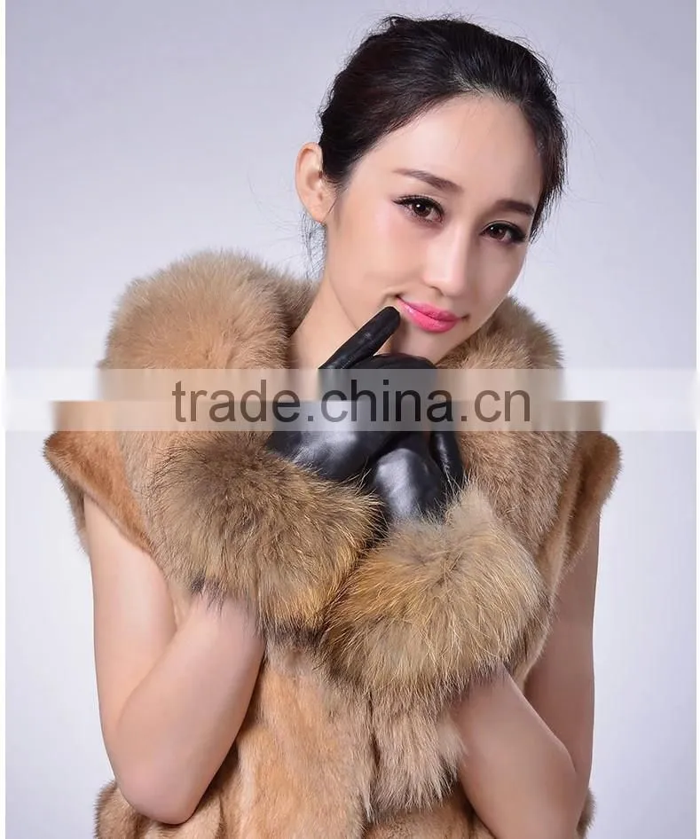 Women's Lambskin Leather Gloves with Plush Raccoon Fur Trim Super Warm