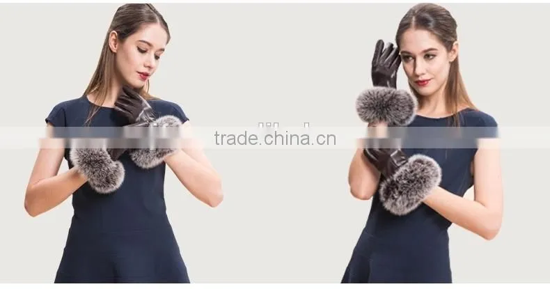 High Quality Sheepskin Gloves With Real Fox Fur Trim Perfect Finger Type