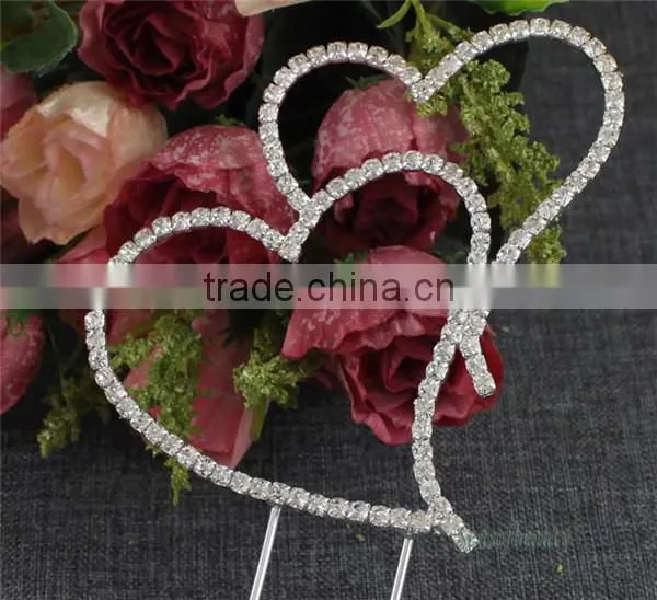 rhinestone glass wedding double heart cake topper