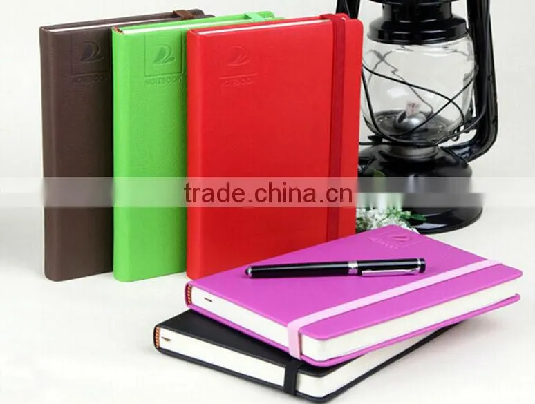 Colorful leather cover line printing logo embossed office/school writing notepad/diary with elastic ribbon closure
