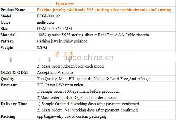 Fashion jewelry wholesale 925 sterling silver AAAAA cubic zirconia stud earring