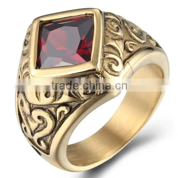 vintage cubic zircon engrave antique gold 316L stainless steel rings band for men