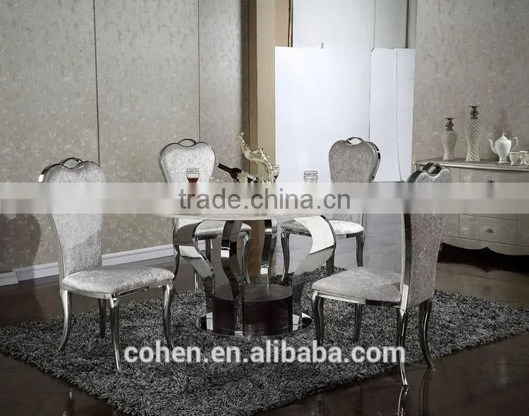 Hosehold 4 people round turntable marble top stainless steel furniture dining table and chairs with highest quality