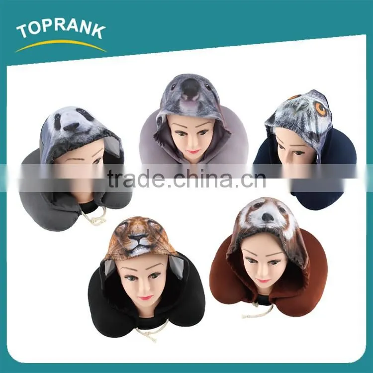Toprank Custom Elastic Fabric Printed Animal Travel Hoodie Neck Pillow U Shape Microbead Travel Neck Pillow With Hoodie