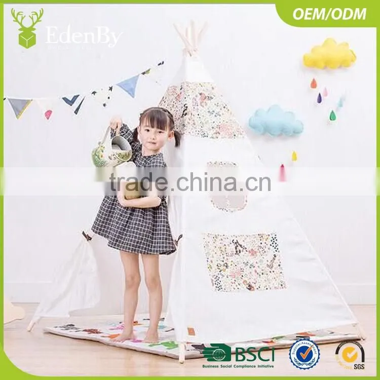 Cotton canvas wooden pole black striped kids teepee tent