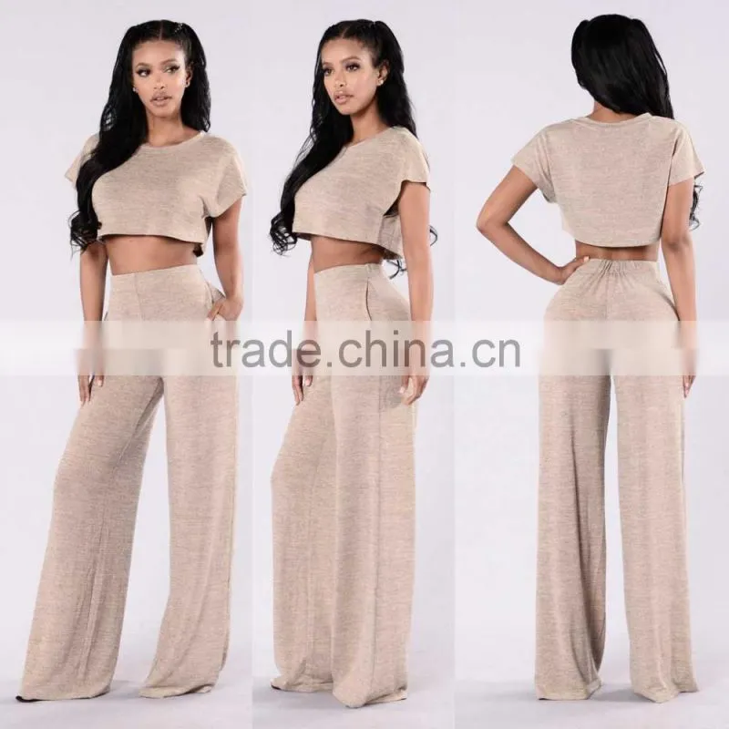jump suit 100 % Polyester Sleeve Crewneck Cropped Length Sweater Knit Top And Wide Leg Pants women slim fit suits