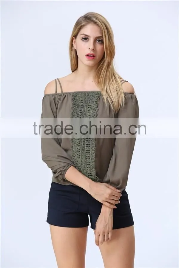 Women Fashion Casual Tops/Blouse with Embroidery Center Front Off-shoulder Design Accept Small Order Quantity