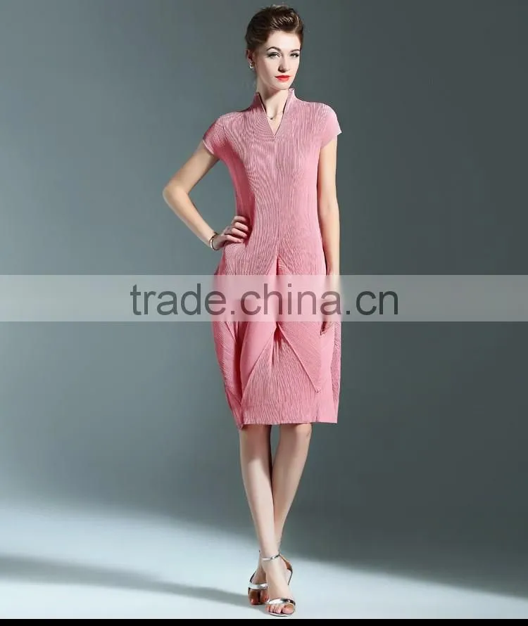 Solid colors women draped V neck lantern dresses with short sleeve