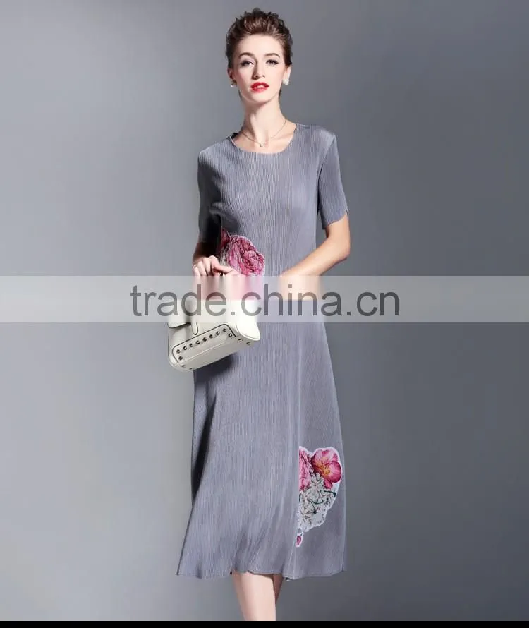 Bodice flower printing OL fashion draped women slim dresss