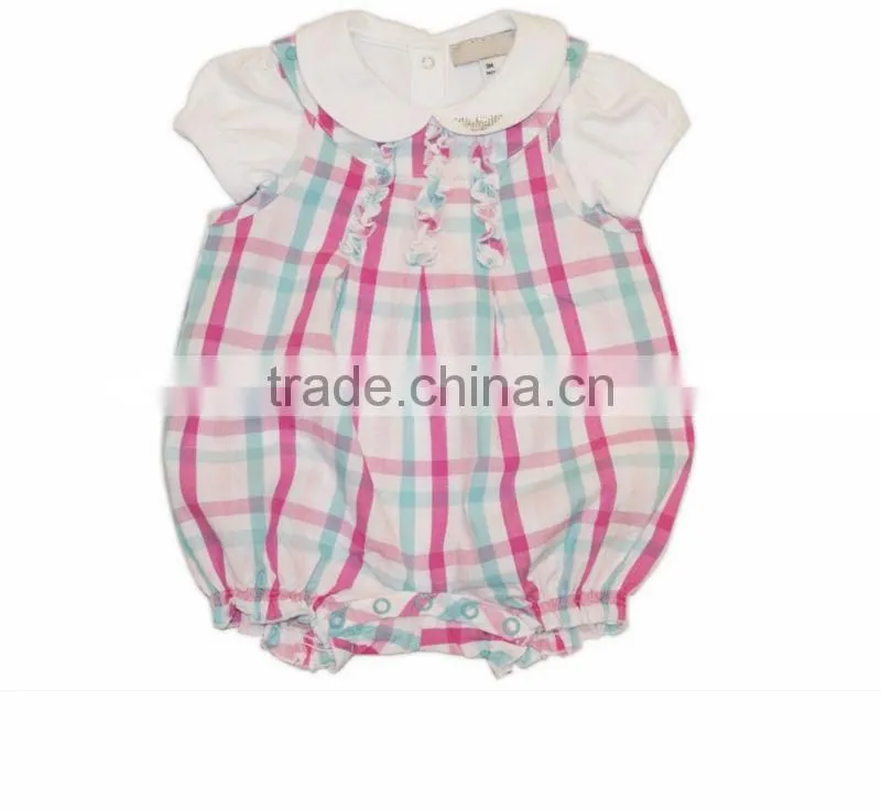 2014 China factory price spring baby girl plain pink and white cap sleeves rompers for kids soft jumpsuit