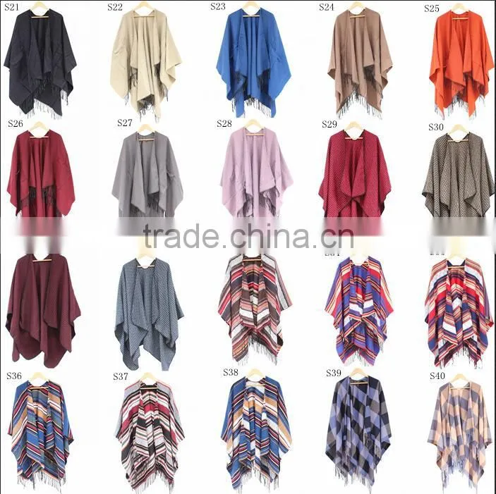 Women Winter Grid Check Tartan Poncho Cape Coat Reversible Scarf Shawl