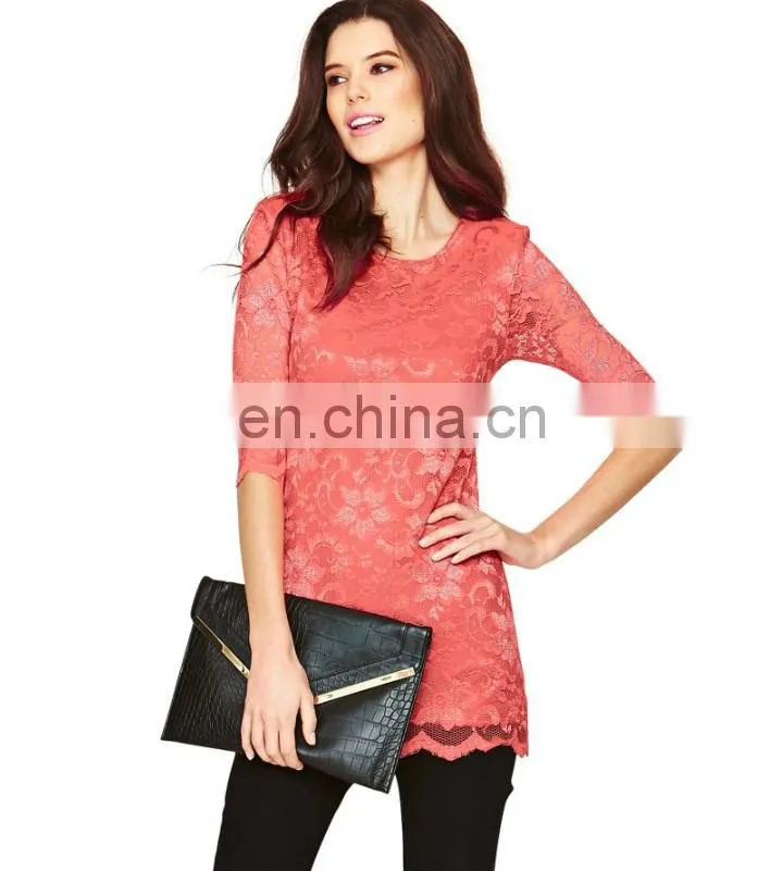 2014 Most fashionable long sleeve lace ladies tops latest design