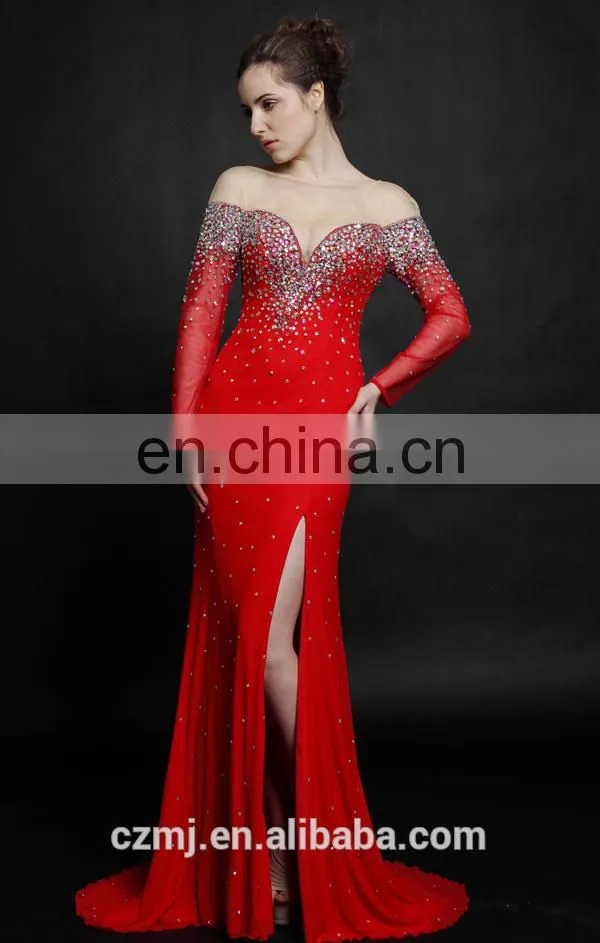 2016 sexy side split backless see through long sleeve evening dress