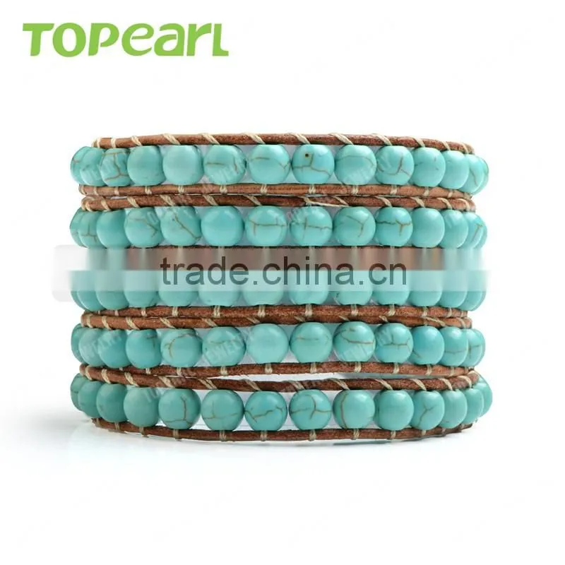 Topearl Jewelry Turquoise Fashion Bracelet Woven Leather Wrap Bracelet 33.5 Inches CLL135