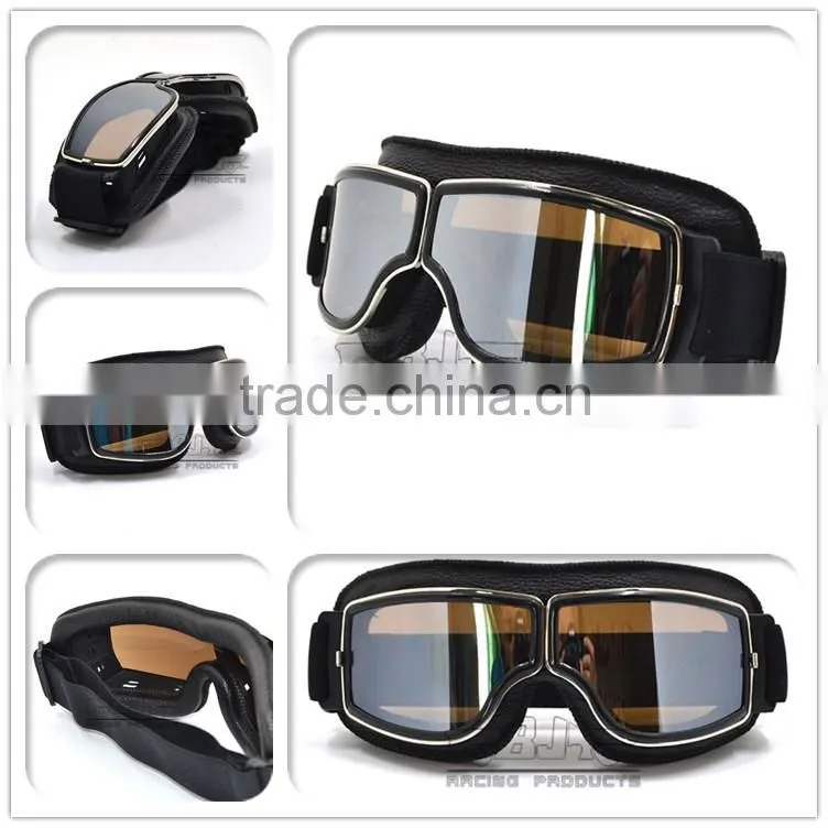 BJ-GT-011 High Quality Black Leather Motorcycle Helmet Steampunk Aviator Goggles