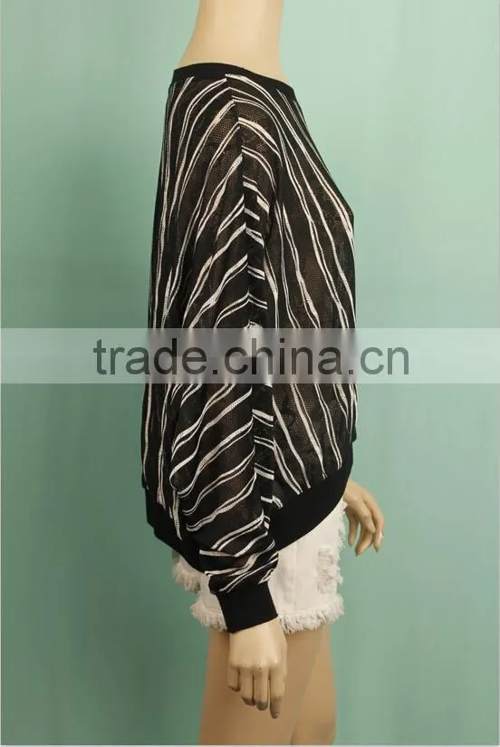 2016 White black stripe fat women plus size long sleeve loose knitted blouse