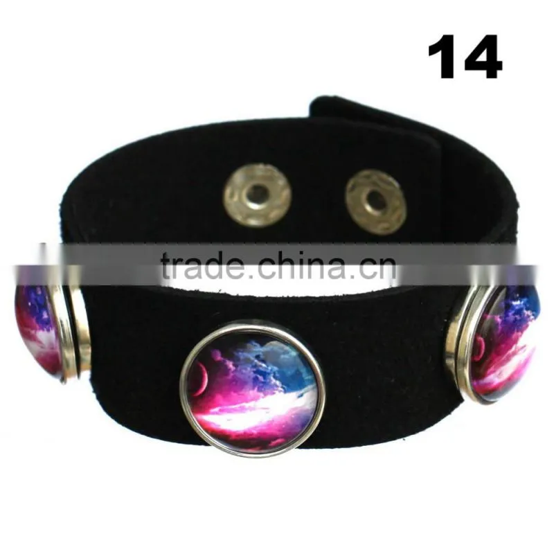 Wholesale Glass Nebula - Galaxy Space - Novelty Leather Metal Cuff Buttons Bangle Bracelet