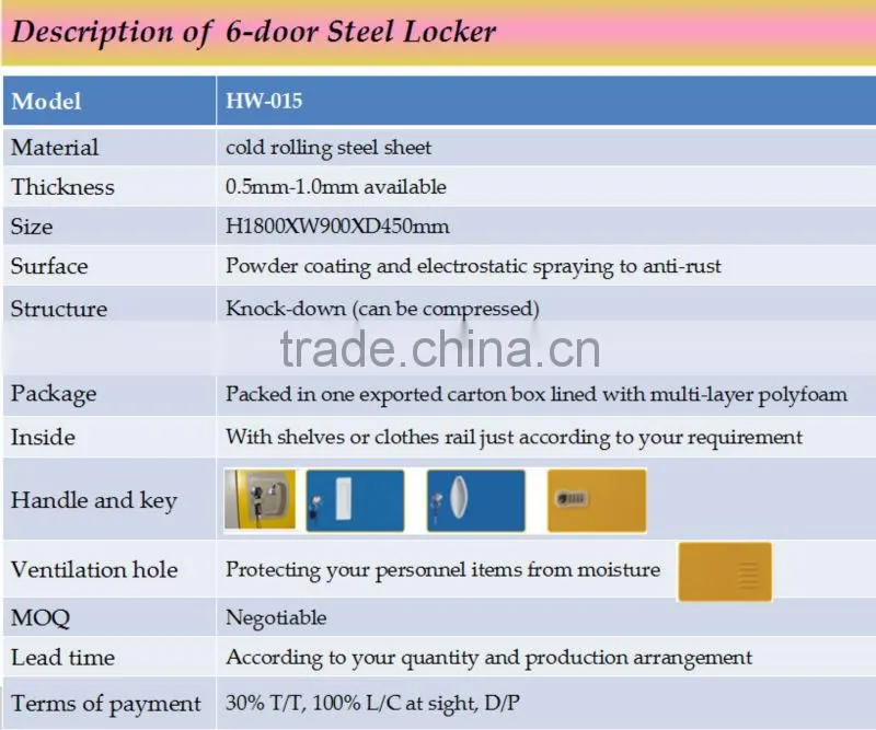 gym use metal 6-door wardrobe design with lock