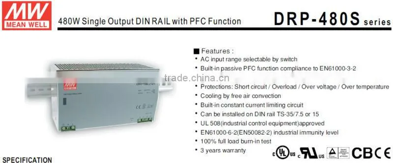 Meanwell 480W 48V Industrial DIN Rail Power Supply/480W Single Output with PFC Function