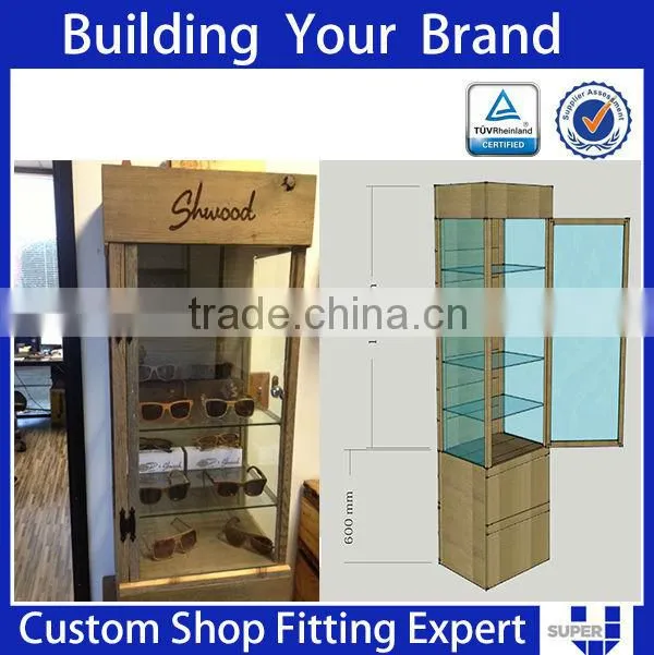 Retail glasses shop design wooden cabinet rack for sunglasses display