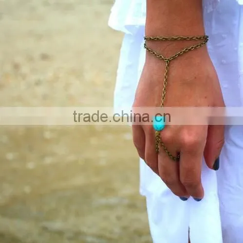 Turquoise Stone Gold Chain Finger-Bracelet Slave-Bracelet Hand Jewelry
