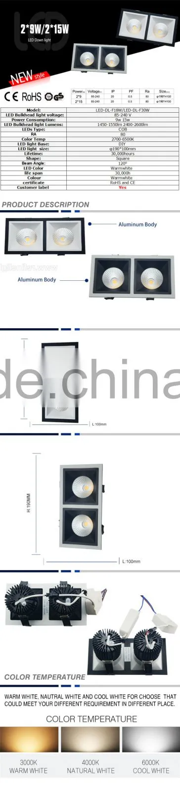 LED cob down light recessed with 9w 15w cob downlight in high quality