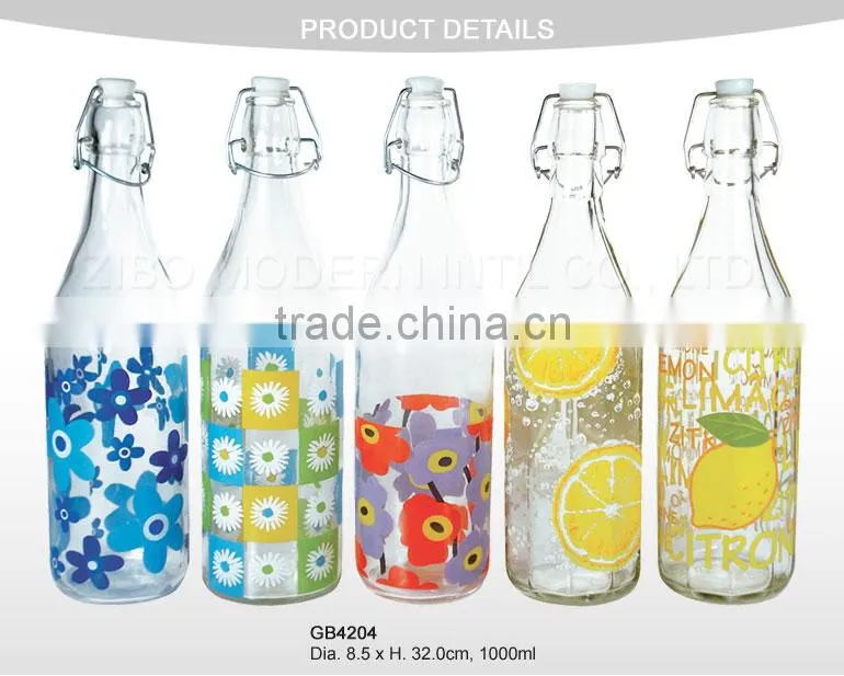 clear or decorative glass water bottle with top clips 1000ml