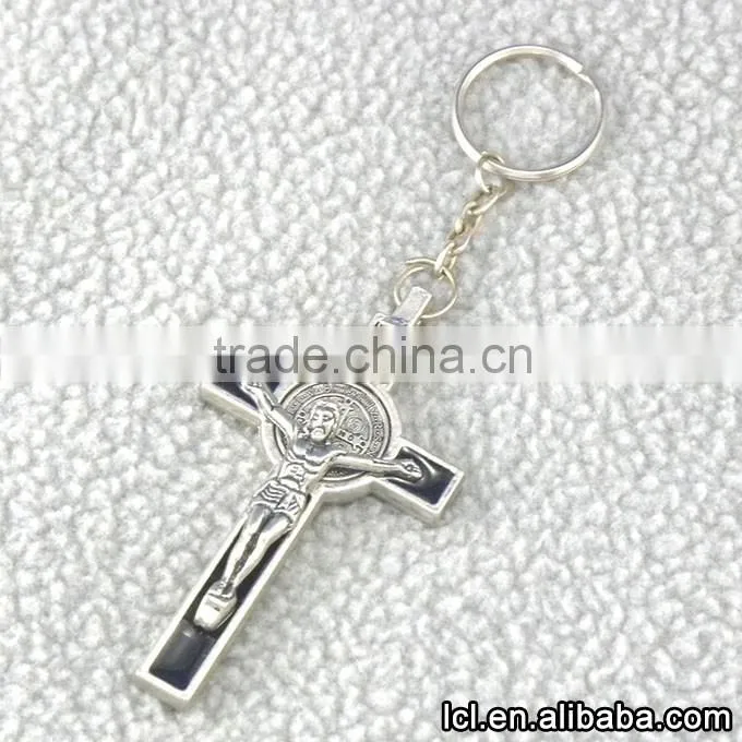 Stainless steel cross pendant keychain, hot sale imitate silver christian cross keychain
