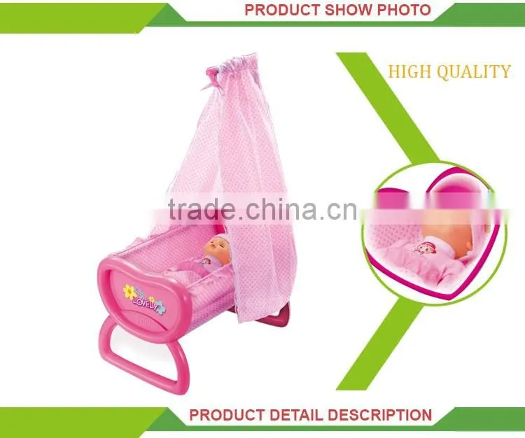 Hot sale kids play at home plastic pink baby doll bed toy