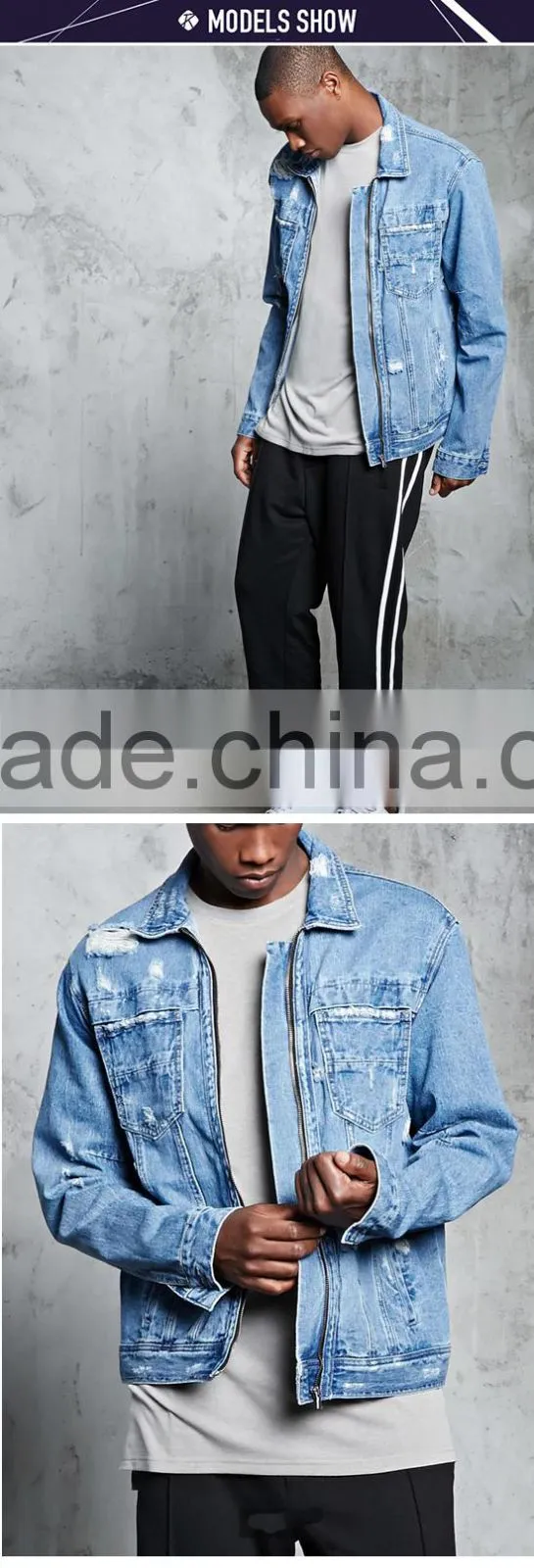 New style custom cheap brand bulk wholesale distressed denim jacket coats for mens