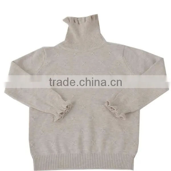 New girl's cotton high collar ruffle edged pullover sweater